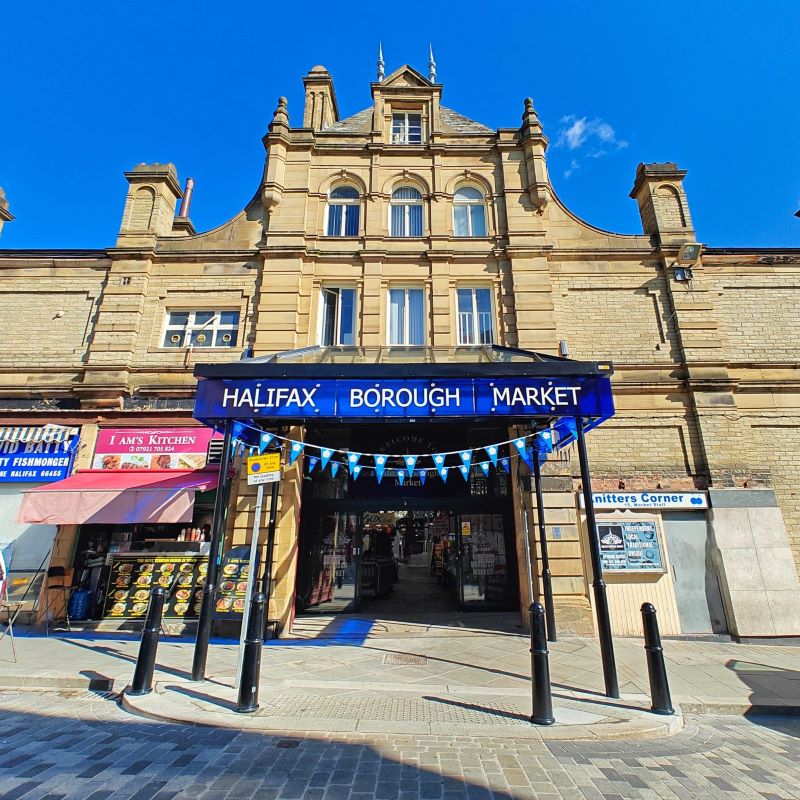 The newly installed steel and glass canopy above the Albion Street entrance of Halifax Borough Market.