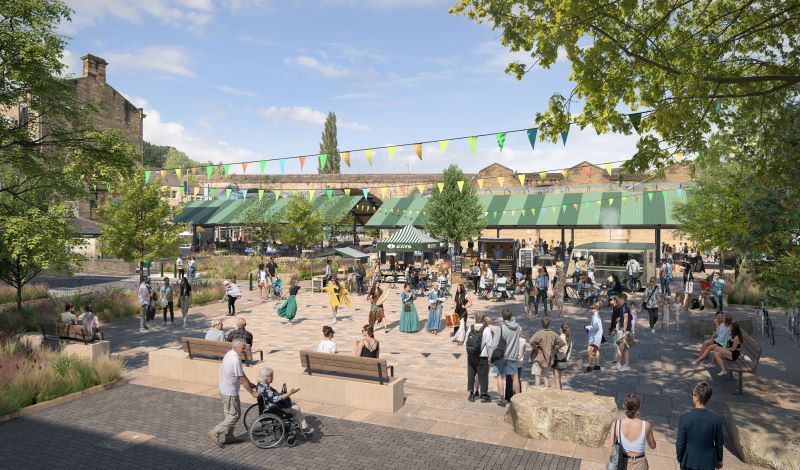 Bramsche Square event space in summertime. People sitting and walking through this area with the market canopy and stalls in the background. 