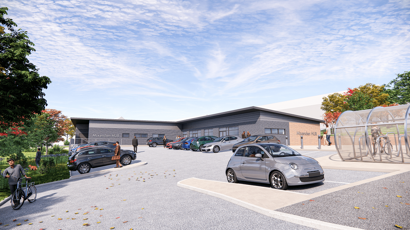 A visualisation of the community hub, car park and garden.