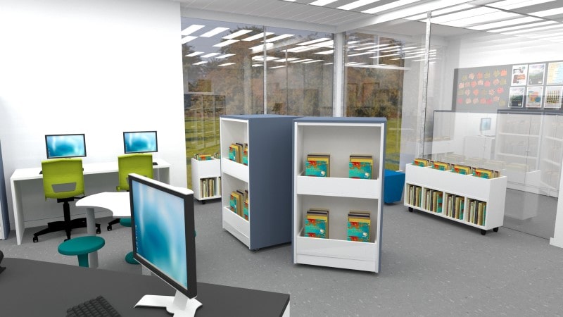 Visualisation of the interior of the library at Mixenden Community Hub.