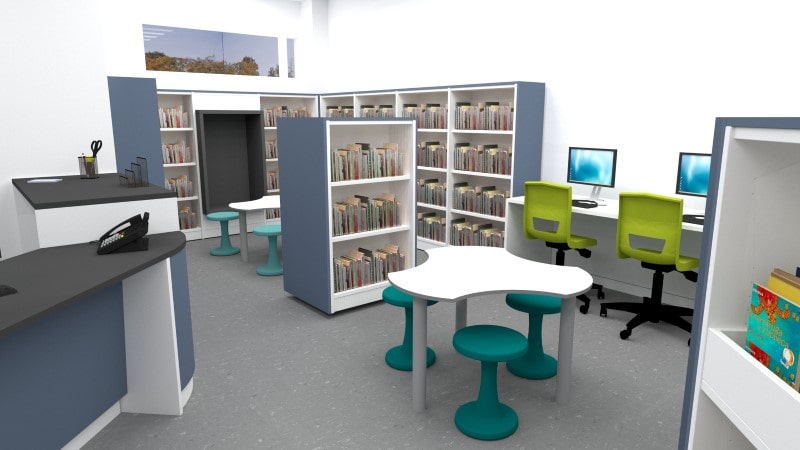 Visualisation of the interior of the library at Mixenden Community Hub.