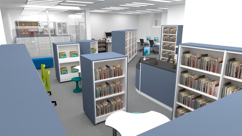 Visualisation of the interior of the library at Mixenden Community Hub.