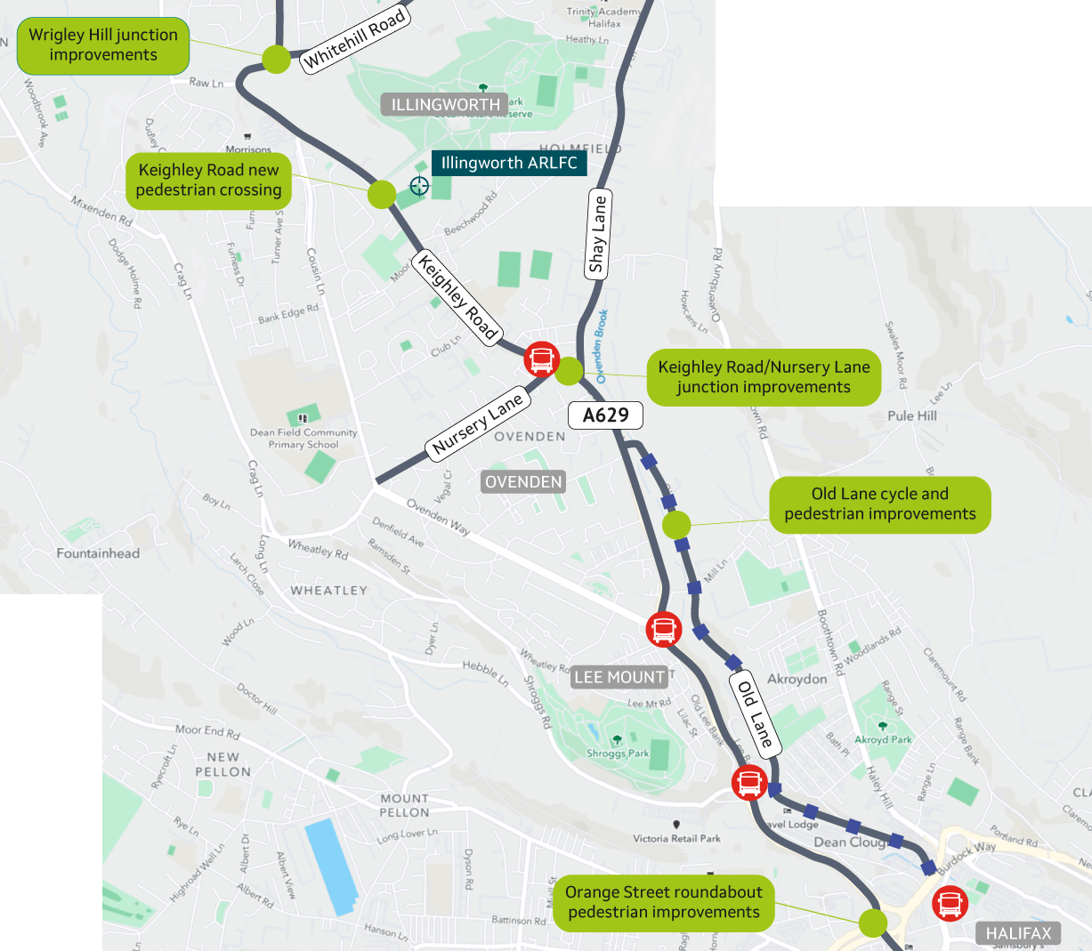 There will be improvements from Halifax at Orange Street roundabout, along Old Lane and the A629, all the way up to Illingworth and the junction with Wrigley Hill.